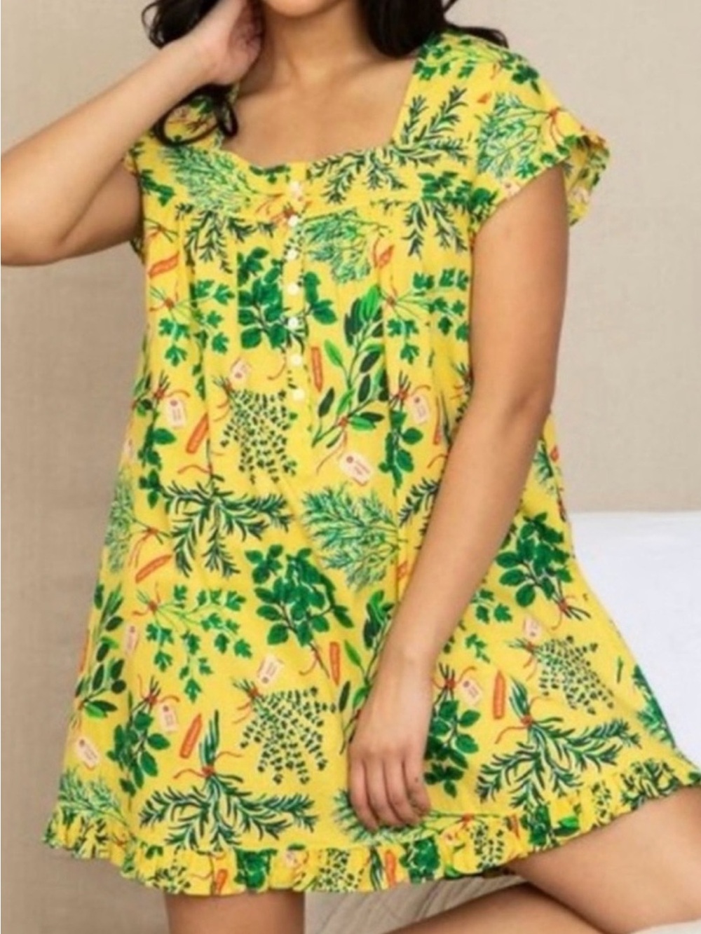 PRINTFRESH Pintuck Nightgown Yellow Herb Garden Print Ladies Medium